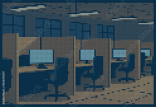 Modern Abstract Halftone Office Interior Vector Illustration Cubicles Chairs Glowing Screens Corporate Workplace Mosaic Background Dotted Rhinestone Pattern Geometric