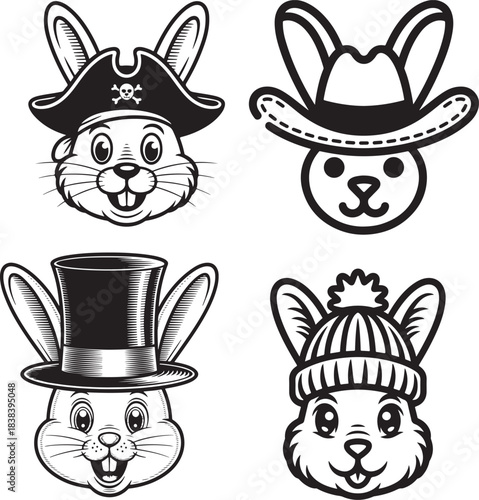 Cute Bunny Character Icons with Hats for Holiday Stickers, Kids Art, and Design