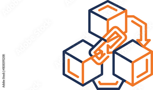 Dynamic blockchain cubes connecting with flowing arrows symbolizing secure decentralized data exchange and transaction flow