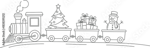 Festive christmas train carrying a tree gifts and snowman in black and white line art