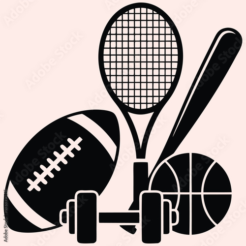 Sports equipment icons including tennis racket football basketball and dumbbells