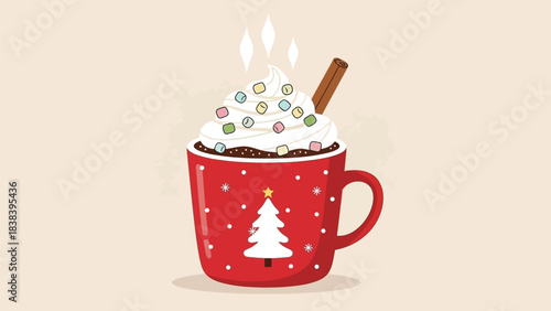 Festive red mug filled with hot chocolate and marshmallows for a cozy holiday