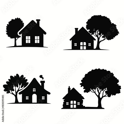 Four black silhouette houses with trees on white background