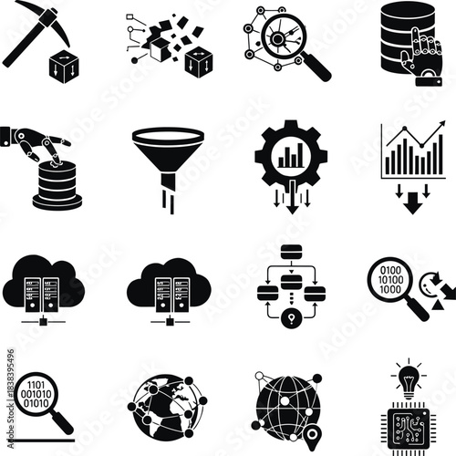 Stunning collection of black and white icons representing data mining, cloud computing, machine learning, and digital analytics processes