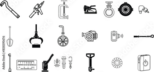 Set of industrial and mechanical tools and equipment, perfect for design projects and illustrations related to engineering, manufacturing, and repair