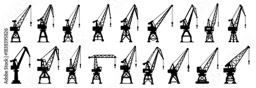 Harbor crane silhouettes show diverse industrial lifting machines in strong black forms. The set includes tall boom cranes, tower cranes, gantry structures