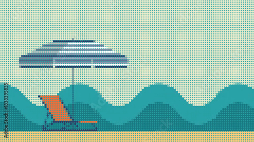 Minimalist Halftone Beach Mosaic Art Print Summer Vacation Umbrella Lounge Chair Waves Retro Pixel Dotted Pattern Teal Orange Geometric Rhinestone Template Wall Decor