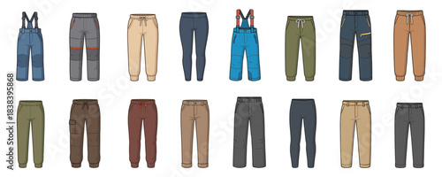Pants collection showcases various trousers in casual, sport and winter styles. The set includes joggers, leggings, cargo pants, ski pants
