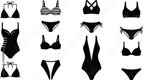 Vector illustration collection of women’s swimwear silhouettes featuring bikinis, one-piece swimsuits, beachwear designs, and modern summer fashion elements.
