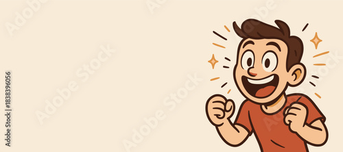 Excited boy smiling widely with raised fists. His lively posture shows strong enthusiasm. Bright sparkles increase the energetic feeling