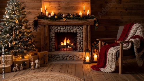 A christmas tree and fireplace with lit candles and presents in a cozy rustic living room setting