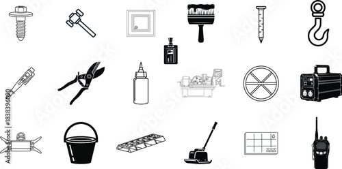 A comprehensive collection of essential hand tools and various hardware items for home improvement, construction projects, and professional workshop needs, depicted as versatile outline icons