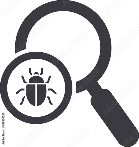 Magnifying glass over insect bug symbol icon for software development and testing concepts vector