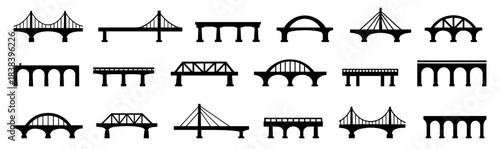 Bridge silhouette set featuring diverse architectural forms. Each bridge shows unique construction style and minimal black shapes