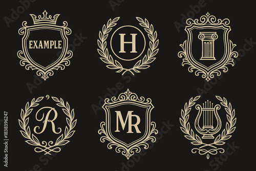 Vintage monogram collection featuring classic heraldic shields. Elegant line work frames decorative initials and symbolic elements