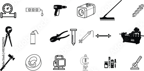 Monochrome vector icons featuring a diverse range of industrial tools, construction equipment, and workshop instruments for engineering and maintenance projects