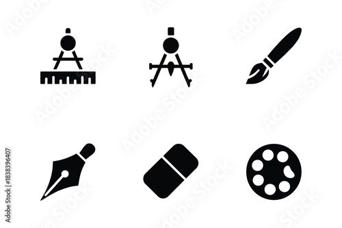 Set of six black artistic and drafting tool icons on white background