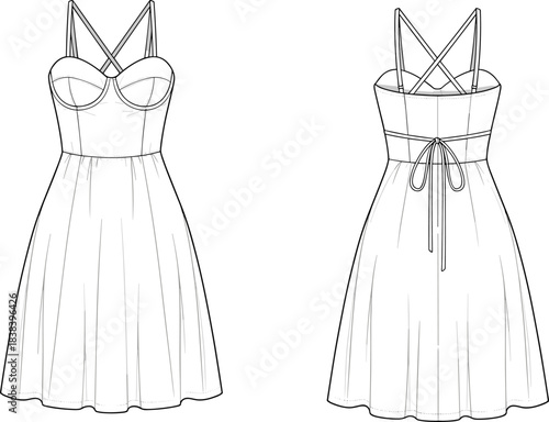 Stylish summer dress vector illustration featuring strappy bodice design, gathered skirt, back tie detailing, technical fashion sketch, and garment template outline.