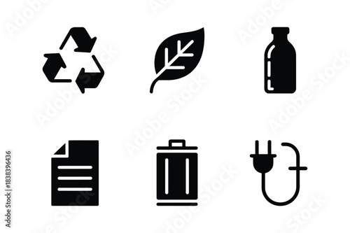 Collection of six black icons representing environmental and recycling concepts