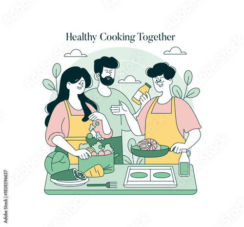 Group Cooking Healthy Meal Vector Illustration