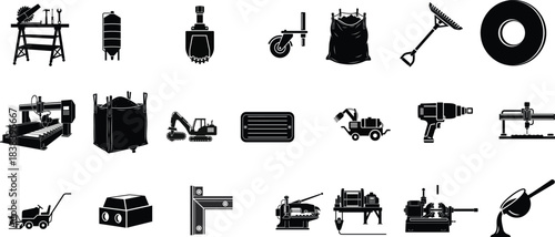 Collection of industrial equipment and tools icons on a white background
