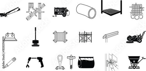 Set of construction and industrial equipment icons, representing tools and machinery for building and manufacturing processes