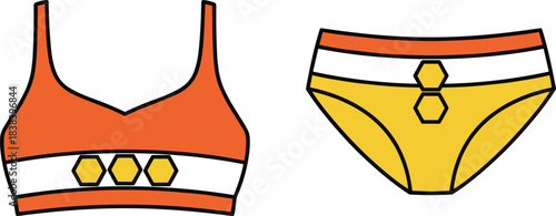 Vector illustration of colorful matching women’s lingerie set featuring stylish geometric accents, modern design details, bold colors, and clean outlined fashion artwork.