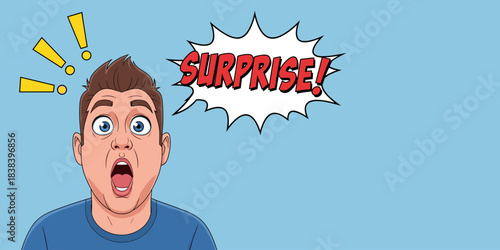 Surprised man with wide eyes and open mouth. His expression reflects sudden shock. Bright symbols highlight the unexpected moment