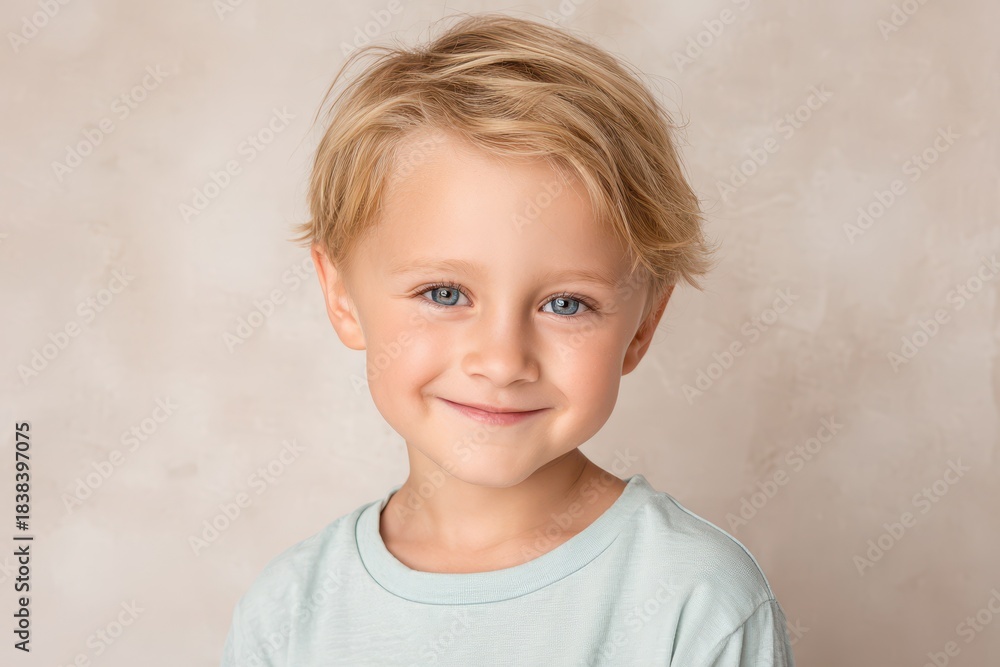 Naklejka premium Young light-haired boy with a warm smile looking at the lens in a sunny portrait