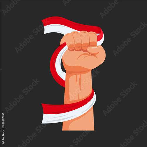 Vector hand holding Indonesian flag, illustration for Independence Day, Heroes' Day, Youth Pledge Day, Pancasila Sanctity Day