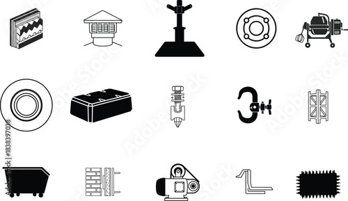 Collection of black and white icons representing construction and industrial tools and materials
