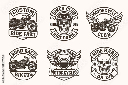 Motorcycle badge collection featuring custom bikes and skulls. Bold vintage emblems highlight wings, helmets and ride themes