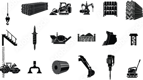 Extensive collection of black silhouette icons representing diverse heavy construction machinery, industrial equipment, and building tools for engineering projects