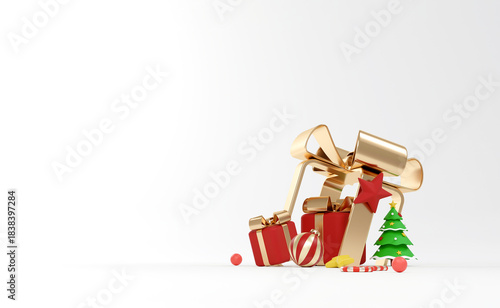 3d render of christmas text with pine trees and gifts on white snow background