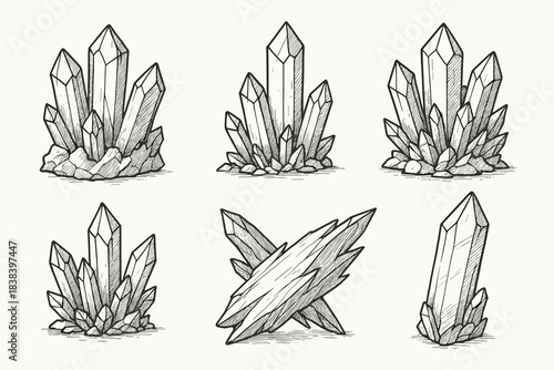 Crystal cluster illustration showcases detailed mineral formations in hand-drawn style. The set includes tall points, layered shards, wide clusters