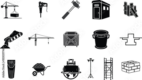 Construction and Industrial Equipment Icons Representing Tools, Machinery, and Building Materials for Projects