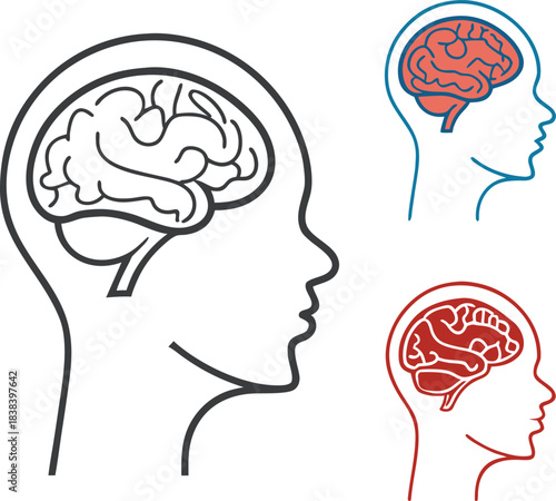 Human Head Profile with Brain Icons - Outline Style