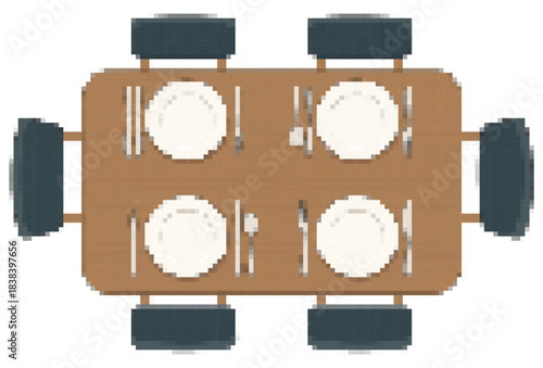 Mosaic Dining Table Top View Vector Illustration Pixel Art Furniture Setup with Chairs and Cutlery for Dinner Lunch Interior Design Element Flat Lay Concept