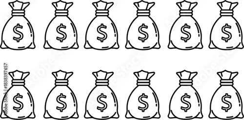Twelve black and white outline icons of money bags filled with currency arranged in two neat rows against a white background