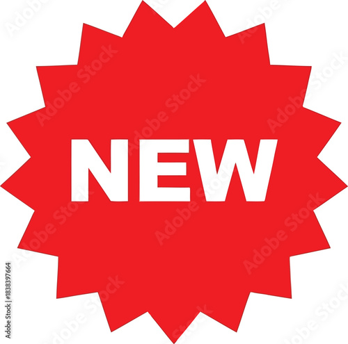 Bright red new starburst sticker with bold white text announcing product launch or special offer vector