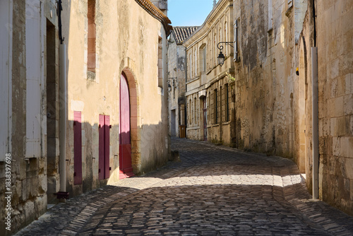 Fototapeta Naklejka Na Ścianę i Meble -  Saint emilion ancient cobblestone street leading uphill