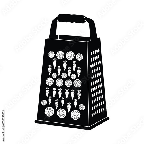 Black and white illustration of a box grater with carrots and cabbage