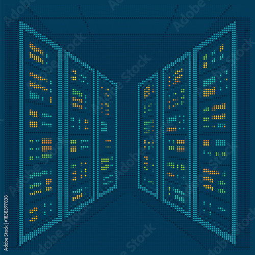 Abstract Server Room Mosaic: Data Center Racks, Halftone Tech Pattern Art