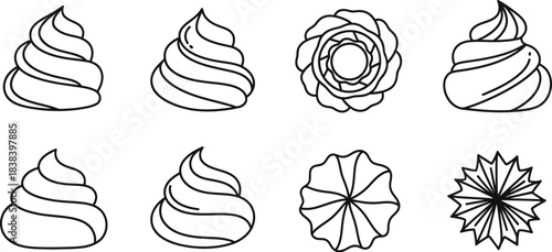 Collection of eight black and white line art icons depicting various styles of piped whipped cream or frosting swirls for baking