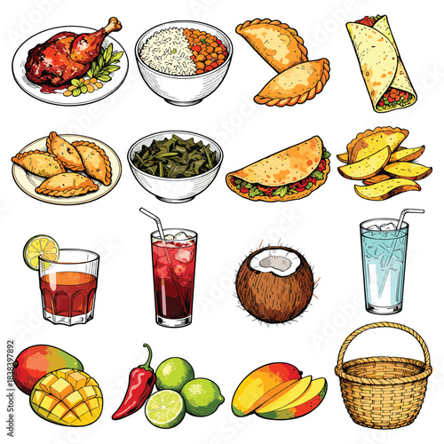 Variety of food and drinks. Fresh fruits, vegetables, and dishes. Colorful illustration of meals and beverages on white background. Vector design.