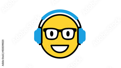 Funny cartoon vector illustration of an abstract egg-shaped face wearing glasses and headphones with a smiling character design