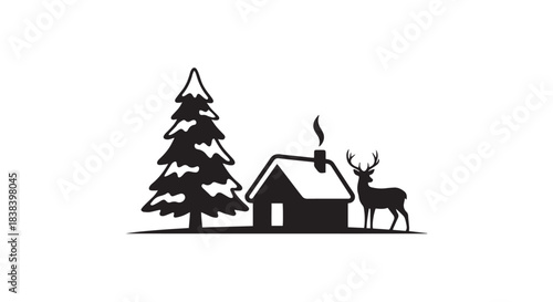 Christmas tree with house in snowy winter scene