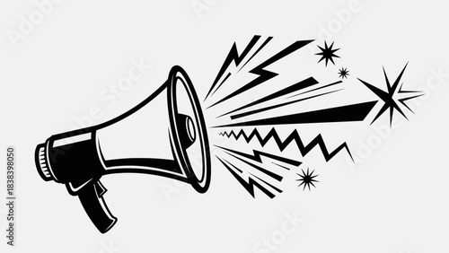 Amplified Announcement: A dynamic black and white illustration of a megaphone, emanating sound waves and radiating energy, symbolizing communication and announcements.
