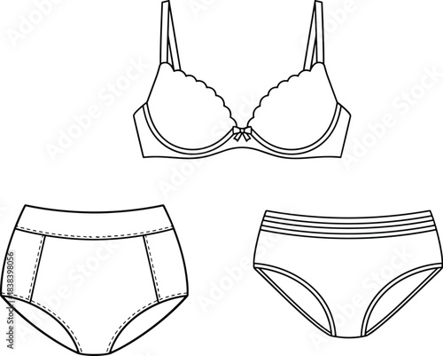 Vector illustration of women’s lingerie set with scalloped-edge bra, high-waist panties, bikini briefs, clean technical outline, and detailed intimate apparel design.