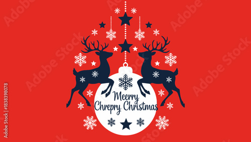 Festive Christmas Delight: a charming illustration of two reindeer silhouettes framing a bauble in front of a radiant red backdrop. The design captures the essence of the holiday season. 